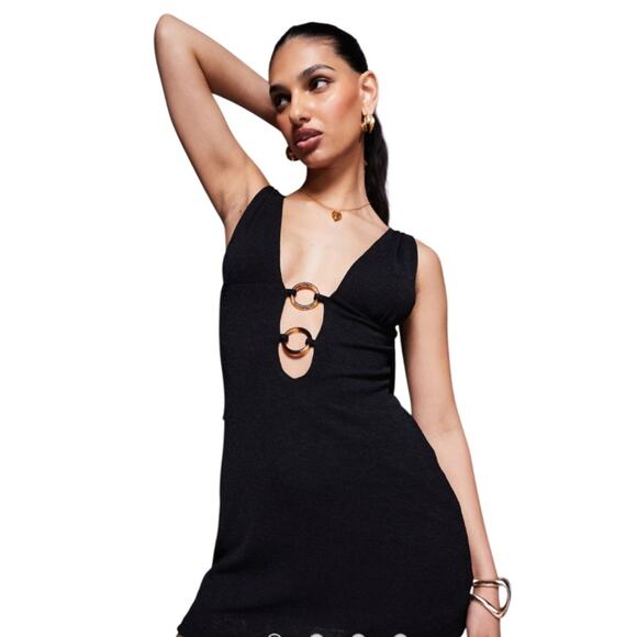 Princess Polly Dresses & Skirts - Princess Polly plunge neck ring detail mini dress in black Size 2 NWT